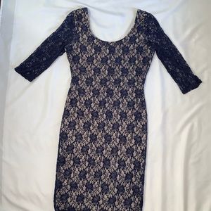Navy Lace BodyCon Dress with Mid-Sleeves